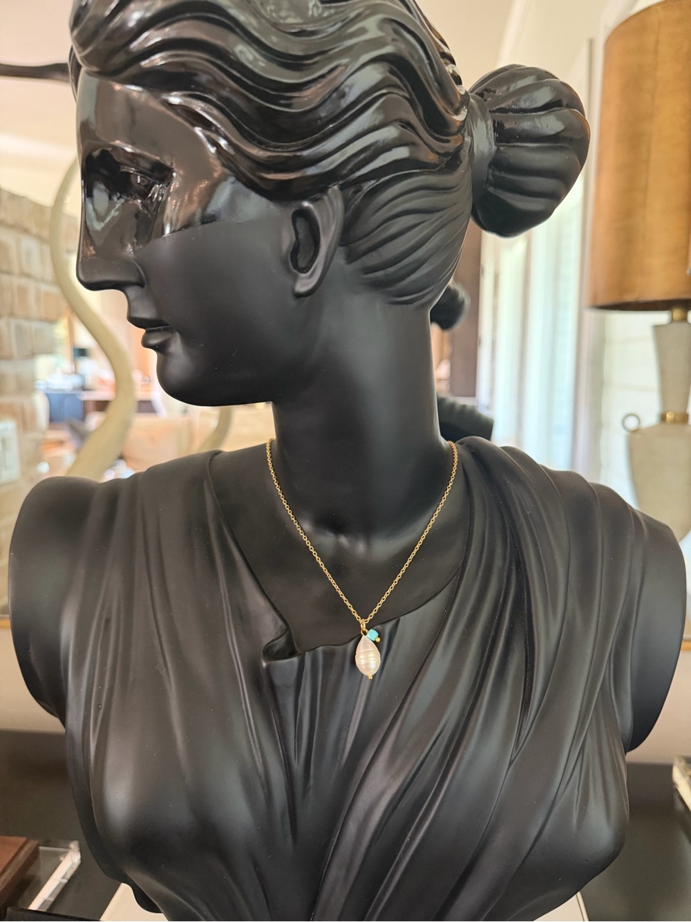 Gold Filled Necklace with real fresh water pearl Pendant and Turquoise nugg
